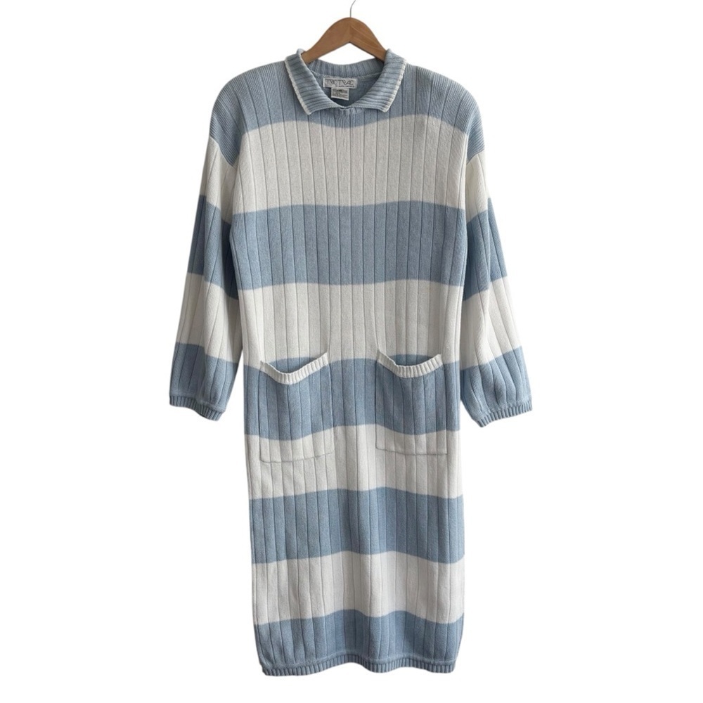 Vintage Ribbed Striped Blue and White Long Sweater Dress
